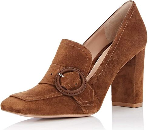 حذاء YDN نسائي بكعب عالٍ مكتنز ومقدمة مربعة بدون كعب سهل الارتداء للمكتب من الجلد السويدي مع إبزيم in Kuwait