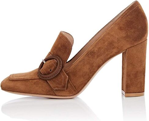 حذاء YDN نسائي بكعب عالٍ مكتنز ومقدمة مربعة بدون كعب سهل الارتداء للمكتب من الجلد السويدي مع إبزيم in Kuwait