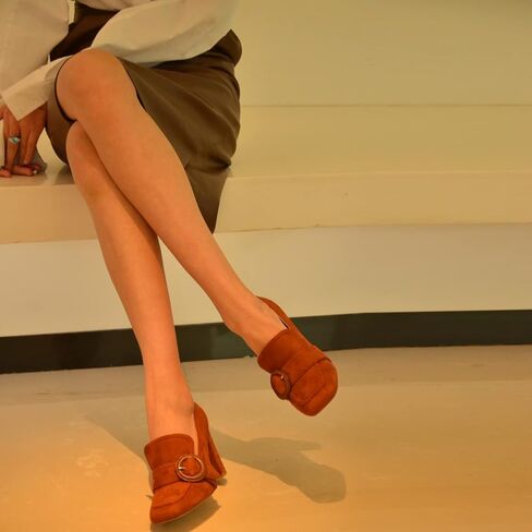 حذاء YDN نسائي بكعب عالٍ مكتنز ومقدمة مربعة بدون كعب سهل الارتداء للمكتب من الجلد السويدي مع إبزيم in Kuwait