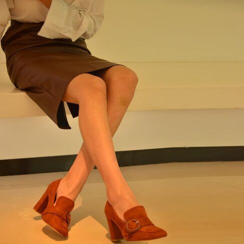 حذاء YDN نسائي بكعب عالٍ مكتنز ومقدمة مربعة بدون كعب سهل الارتداء للمكتب من الجلد السويدي مع إبزيم in Kuwait