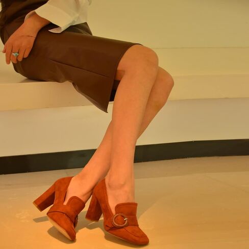 حذاء YDN نسائي بكعب عالٍ مكتنز ومقدمة مربعة بدون كعب سهل الارتداء للمكتب من الجلد السويدي مع إبزيم in Kuwait