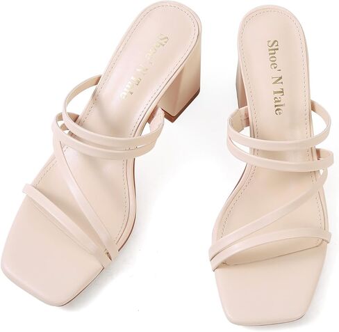 حذاء Shoe'N Tale ذو كعب عالي للنساء صندل بكعب مكتنز وكعب مربع مفتوح عند الأصابع بدون ظهر حذاء سهل الارتداء (7، عاري) in Saudi Arabia