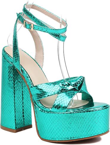 صنادل نسائية لامعة بمنصة عالية صنادل متقاطعة وكعب مكتنز ومقدمة مفتوحة وكعب للحفلات صنادل خضراء in Kuwait