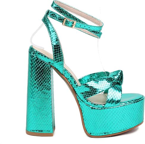 صنادل نسائية لامعة بمنصة عالية صنادل متقاطعة وكعب مكتنز ومقدمة مفتوحة وكعب للحفلات صنادل خضراء in Kuwait