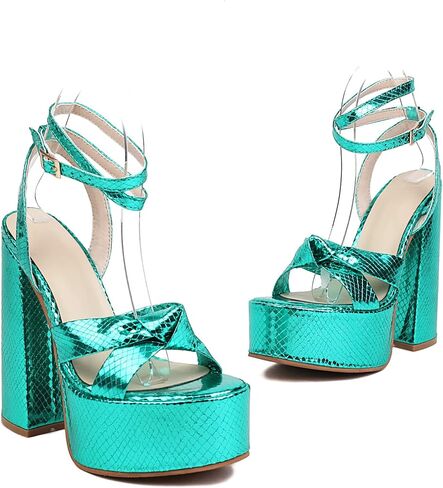 صنادل نسائية لامعة بمنصة عالية صنادل متقاطعة وكعب مكتنز ومقدمة مفتوحة وكعب للحفلات صنادل خضراء in Kuwait