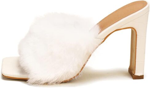 المرأة فو الفراء الانزلاق على اصبع القدم مربعة كعب مكتنز الشرائح عالية الكعب الصنادل البغال أحذية الحفلات in Kuwait