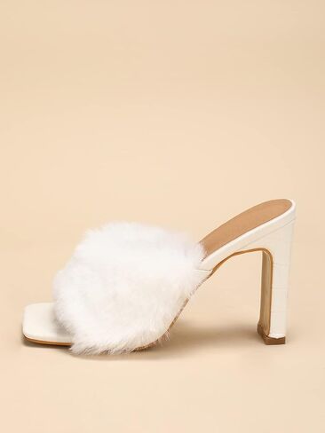 المرأة فو الفراء الانزلاق على اصبع القدم مربعة كعب مكتنز الشرائح عالية الكعب الصنادل البغال أحذية الحفلات in Kuwait