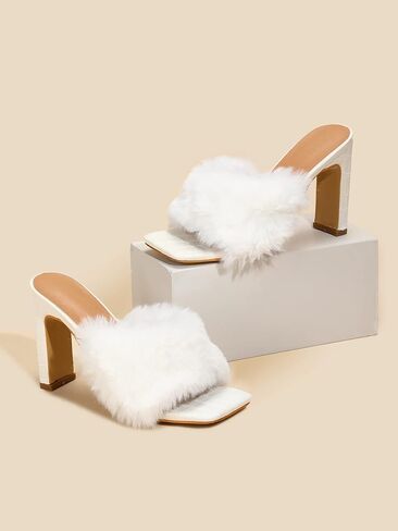 المرأة فو الفراء الانزلاق على اصبع القدم مربعة كعب مكتنز الشرائح عالية الكعب الصنادل البغال أحذية الحفلات in Kuwait