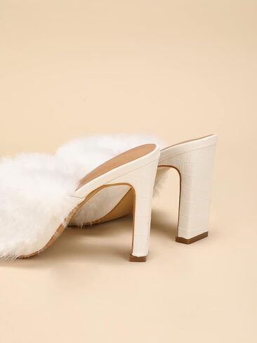 المرأة فو الفراء الانزلاق على اصبع القدم مربعة كعب مكتنز الشرائح عالية الكعب الصنادل البغال أحذية الحفلات in Kuwait