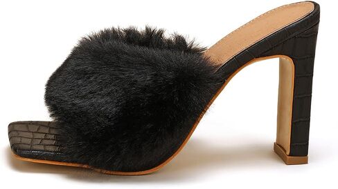 Women's Faux Fur Slip on Square Toe Chunky Heels Slides High Heels Sandals Mules Party Shoes in Saudi Arabia