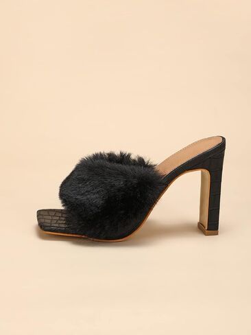 Women's Faux Fur Slip on Square Toe Chunky Heels Slides High Heels Sandals Mules Party Shoes in Saudi Arabia