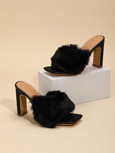 Women's Faux Fur Slip on Square Toe Chunky Heels Slides High Heels Sandals Mules Party Shoes in Saudi Arabia