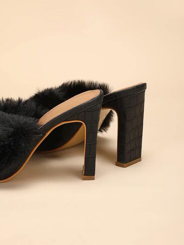 Women's Faux Fur Slip on Square Toe Chunky Heels Slides High Heels Sandals Mules Party Shoes in Saudi Arabia