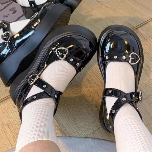 النساء Y2K Harajuku لوليتا Kawaii القوطي جولة تو حذاء بكعب سميك القلب مشبك برشام ديكور ماري جين أحذية منصة in Kuwait