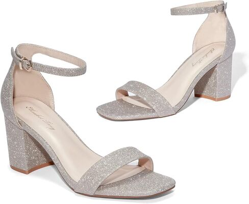 إليزابيت تانغ كعب أسود للنساء، 2.36 بوصة مفتوح عند أصابع القدم وشريط للكاحل وكعب مكتنز، صنادل فستان الحفلات، صنادل للعمل اليومي وحفلات الزفاف، صنادل بكعب ذهبي لامع مقاس 11 in Kuwait