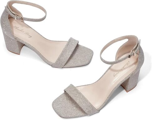 إليزابيت تانغ كعب أسود للنساء، 2.36 بوصة مفتوح عند أصابع القدم وشريط للكاحل وكعب مكتنز، صنادل فستان الحفلات، صنادل للعمل اليومي وحفلات الزفاف، صنادل بكعب ذهبي لامع مقاس 11 in Kuwait