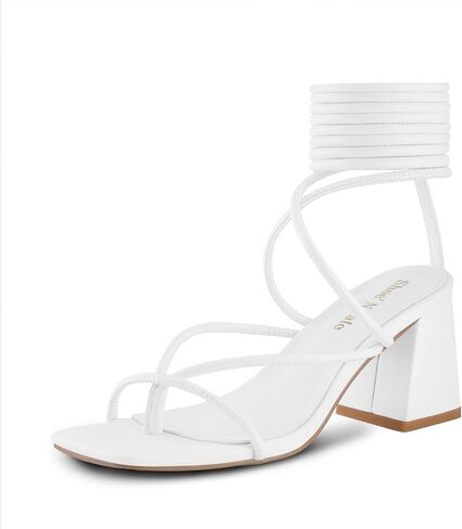 صنادل نسائية من Shoe'N Tale بكعب برباط حتى الكاحل وأربطة Gladiator بكعب عالٍ وكعب مكتنز ومربع مفتوح عند الأصابع (8، أبيض) in Saudi Arabia