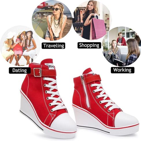 Mei MACLEOD Wedge Heel Sneaker for Women High Heel Sneaker Side Zipper/Lace Up Canvas Shoes for Ladies College Students in Saudi Arabia