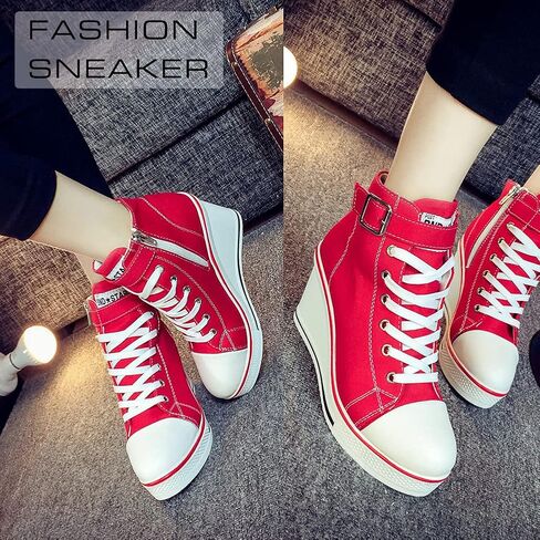 Mei MACLEOD Wedge Heel Sneaker for Women High Heel Sneaker Side Zipper/Lace Up Canvas Shoes for Ladies College Students in Saudi Arabia