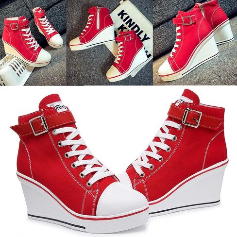 Mei MACLEOD Wedge Heel Sneaker for Women High Heel Sneaker Side Zipper/Lace Up Canvas Shoes for Ladies College Students in Saudi Arabia