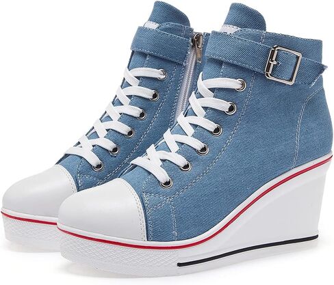 Mei MACLEOD Wedge Heel Sneaker for Women High Heel Sneaker Side Zipper/Lace Up Canvas Shoes for Ladies College Students in Saudi Arabia