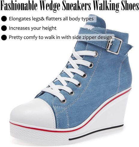 Mei MACLEOD Wedge Heel Sneaker for Women High Heel Sneaker Side Zipper/Lace Up Canvas Shoes for Ladies College Students in Saudi Arabia