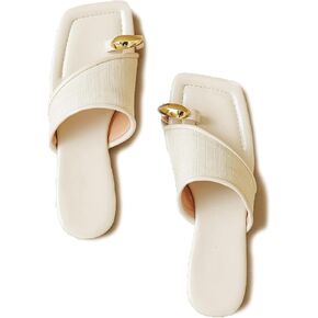 Women's Ring Toe Metal Flat Sandals Summer Slip-on Square Open Toe Non-Slip Beach Flats Slippers