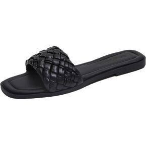 Stratuxx Kaze Women's Braided Strap Sandals Square Open Toe Slide Sandals Slip on Dressy Summer Beach Flats Size 5-11
