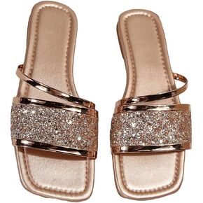 GORGLITTER Women's Sequin Flat Sandals Metallic Fashion Dressy Sandals