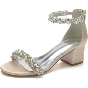 Chunky Heel Wedding Sandals Open Toe Low Block Heels Rhinestones Women Heeled Sandal