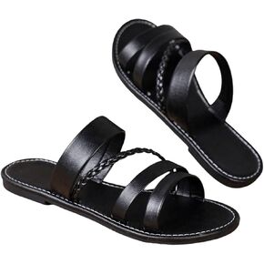 GORGLITTER Women's Strappy Braided Leather Flats Sandal Cute Dressy Open Toe Slip on Slide Sandals