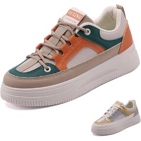 Women's Leather Platform Lace Up Sneakers Fashion Round Toe Colorblock Slip-On Low Top Tennis Shoes Comfortable Non-Slip Wear-Resistant Walking Shoes