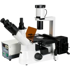 AmScope IN300T-FL Long Working Distance Inverted Fluorescence Trinocular Microscope, 40x-400x, WH10x Eyepieces, Phase-Contrast, 30W Halogen Illumination, 0.3 NA Condenser, Mechanical Stage, 110V