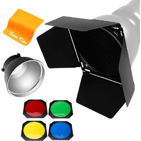 Godox BD-04 Barn Door Barndoor with Honeycomb Grid and 4 Color Gel Filters + 7 inch Bowens Mount Standard Reflector Light Modifier