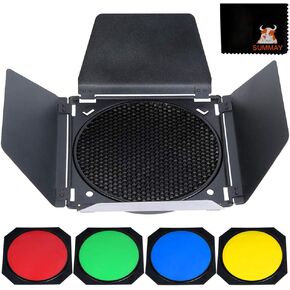 Godox BD-04 Barn Door Solidly Barndoor Kit for 7" Standard Reflector with Honeycomb Grid and 4 Color Gel Filters (SUBD04)