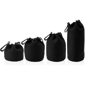 4pcs Camera Lens Bag, 4 Sizes Drawstring Lens Pouch with Thick Protective Neoprene Black Camera Lens Case Bag for Canon, Nikon, Sony, Pentax (Small, Medium, Large, X Large)
