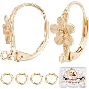 Beebeecraft 1 Box 16Pcs Oval Leverback Earwires 14K Gold Plated Brass French Earring Hooks Ear Wire Findings with 20Pcs Dangle Jump Rings for Jewelry Making