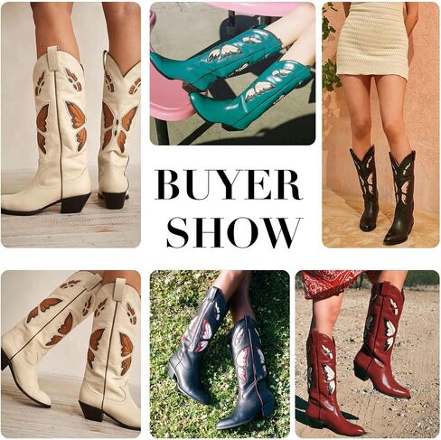 Western Cowgirl Boots for Women Butterfly Embroidered Mid Calf Cowboy Boots Round Toe Chunky Heel Boots in Saudi Arabia
