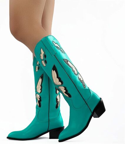 Western Cowgirl Boots for Women Butterfly Embroidered Mid Calf Cowboy Boots Round Toe Chunky Heel Boots in Saudi Arabia