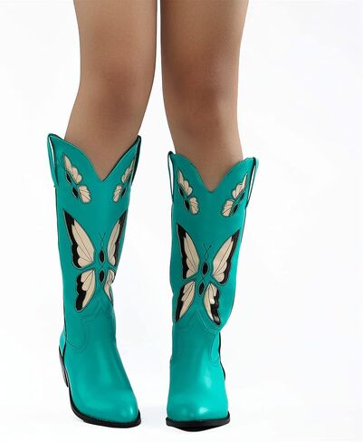 Western Cowgirl Boots for Women Butterfly Embroidered Mid Calf Cowboy Boots Round Toe Chunky Heel Boots in Saudi Arabia