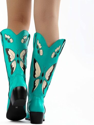 Western Cowgirl Boots for Women Butterfly Embroidered Mid Calf Cowboy Boots Round Toe Chunky Heel Boots in Saudi Arabia