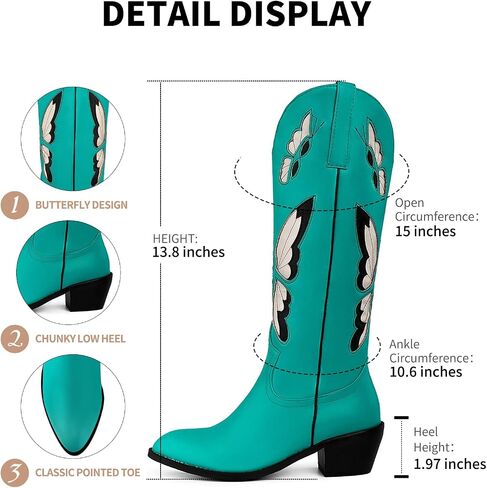 Western Cowgirl Boots for Women Butterfly Embroidered Mid Calf Cowboy Boots Round Toe Chunky Heel Boots in Saudi Arabia