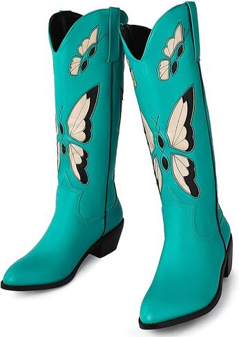 Western Cowgirl Boots for Women Butterfly Embroidered Mid Calf Cowboy Boots Round Toe Chunky Heel Boots in Saudi Arabia