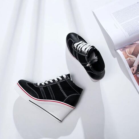 MEJORMEN Womens Platform Wedge Canvas Shoes High Top Lace Up+Side Zipper Fashion Sneakers Casual High Heel Walking Shoes in Saudi Arabia