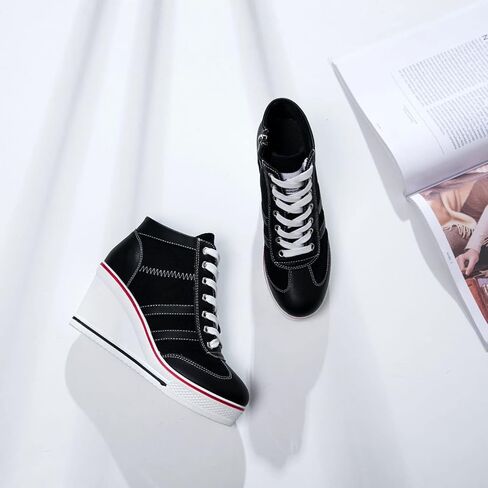 MEJORMEN Womens Platform Wedge Canvas Shoes High Top Lace Up+Side Zipper Fashion Sneakers Casual High Heel Walking Shoes in Saudi Arabia