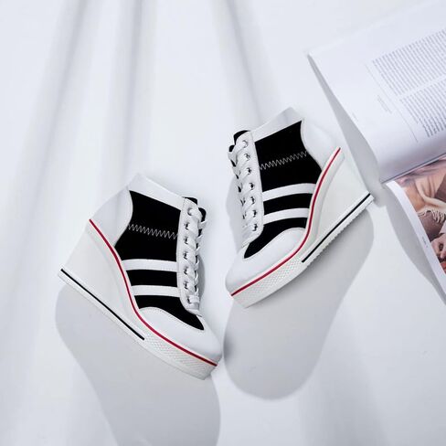 MEJORMEN Womens Platform Wedge Canvas Shoes High Top Lace Up+Side Zipper Fashion Sneakers Casual High Heel Walking Shoes in Saudi Arabia