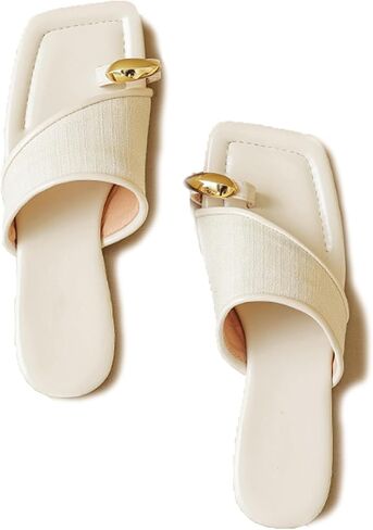 Women's Ring Toe Metal Flat Sandals Summer Slip-on Square Open Toe Non-Slip Beach Flats Slippers in Saudi Arabia