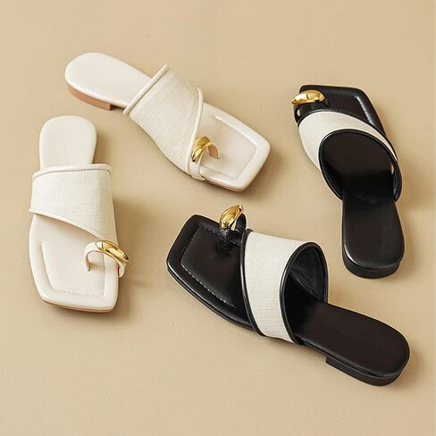 Women's Ring Toe Metal Flat Sandals Summer Slip-on Square Open Toe Non-Slip Beach Flats Slippers in Saudi Arabia