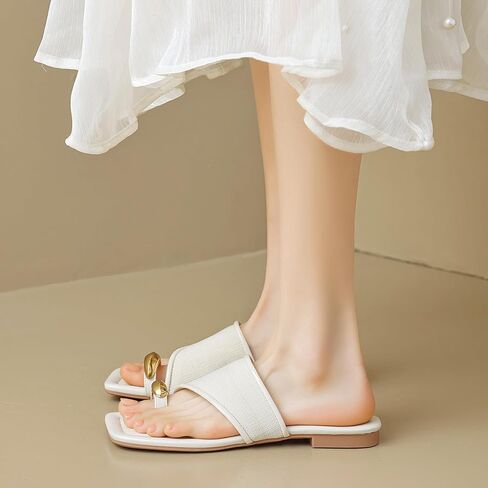 Women's Ring Toe Metal Flat Sandals Summer Slip-on Square Open Toe Non-Slip Beach Flats Slippers in Saudi Arabia