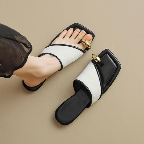 Women's Ring Toe Metal Flat Sandals Summer Slip-on Square Open Toe Non-Slip Beach Flats Slippers in Saudi Arabia
